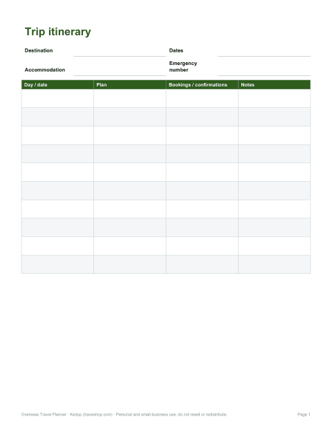 Preview of the first page of Itinerary planner (DOCX/PDF)
