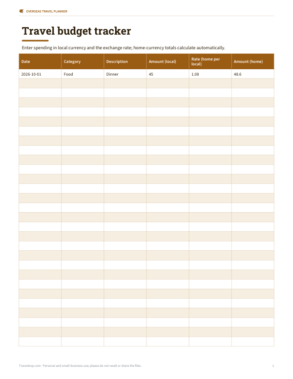 Preview of Printable Travel Budget Tracker