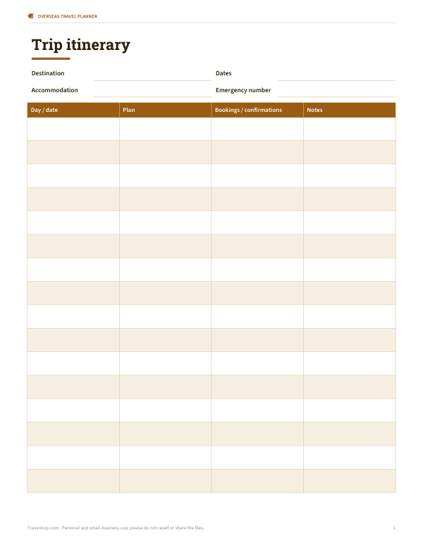 Preview of Printable Travel Itinerary Planner