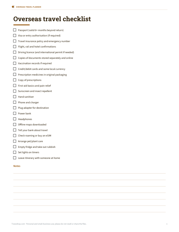 Preview of Printable Overseas Travel Checklist